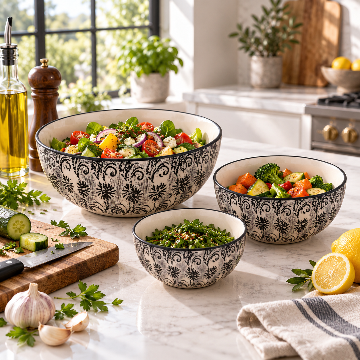 KunhaR Ceramic Mixing Bowl Set, 800 ml, 600 ml & 400 ml, White Black | Set of 3 Nesting Bowls for Mixing, Serving, Salad, Pasta, Snacks & Kitchen Prep