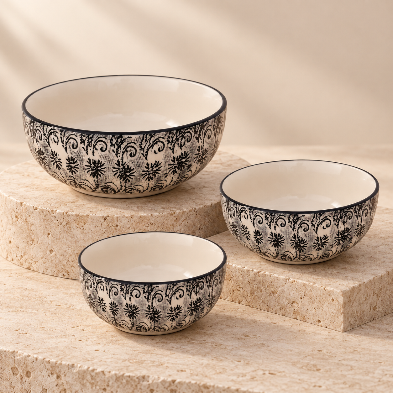 KunhaR Ceramic Mixing Bowl Set, 800 ml, 600 ml & 400 ml, White Black | Set of 3 Nesting Bowls for Mixing, Serving, Salad, Pasta, Snacks & Kitchen Prep