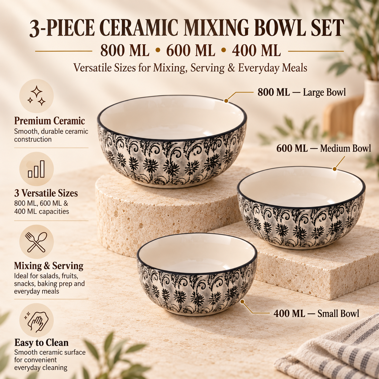 KunhaR Ceramic Mixing Bowl Set, 800 ml, 600 ml & 400 ml, White Black | Set of 3 Nesting Bowls for Mixing, Serving, Salad, Pasta, Snacks & Kitchen Prep