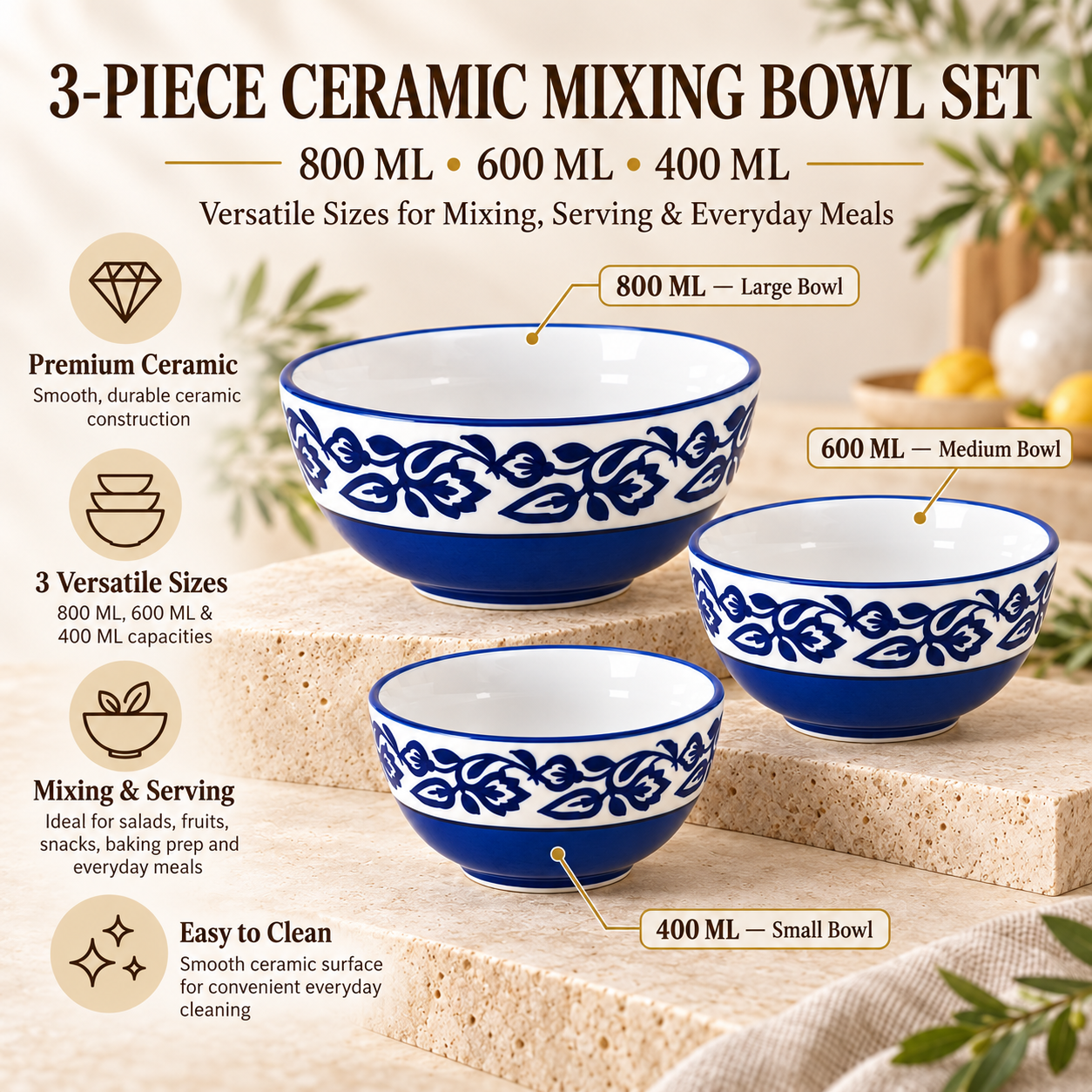 KunhaR Ceramic Mixing Bowl Set, 800 ml, 600 ml & 400 ml, Blue - 2 | Set of 3 Nesting Bowls for Mixing, Serving, Salad, Pasta, Snacks & Kitchen Prep