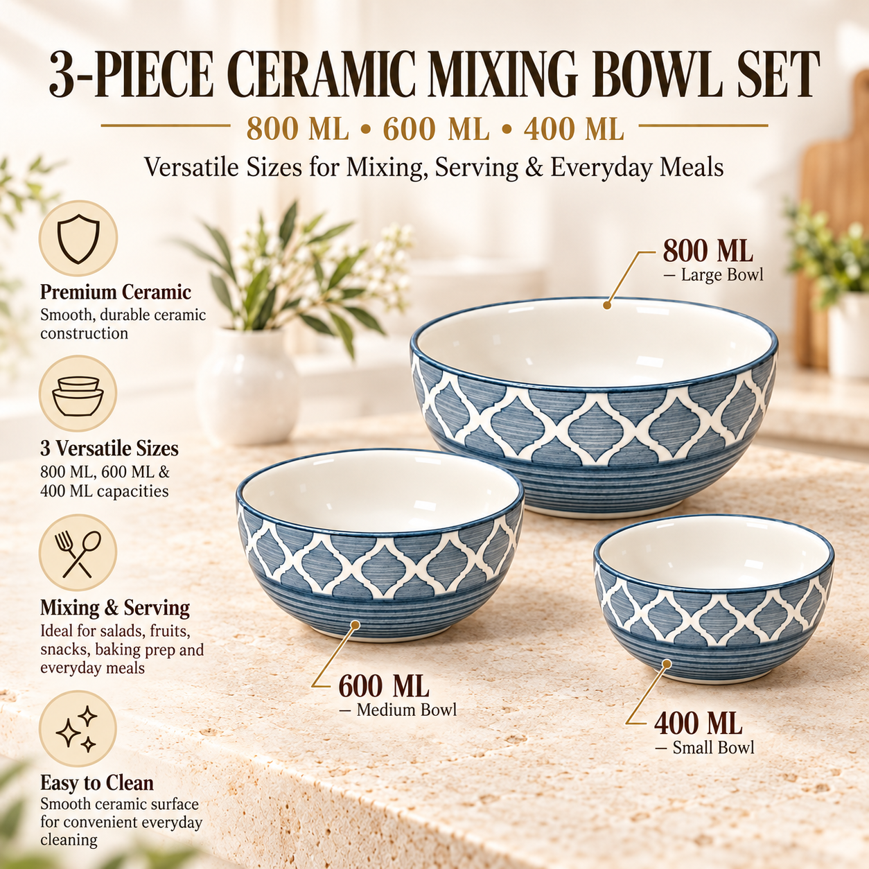 KunhaR Ceramic Mixing Bowl Set, 800 ml, 600 ml & 400 ml, Gray | Set of 3 Nesting Bowls for Mixing, Serving, Salad, Pasta, Snacks & Kitchen Prep