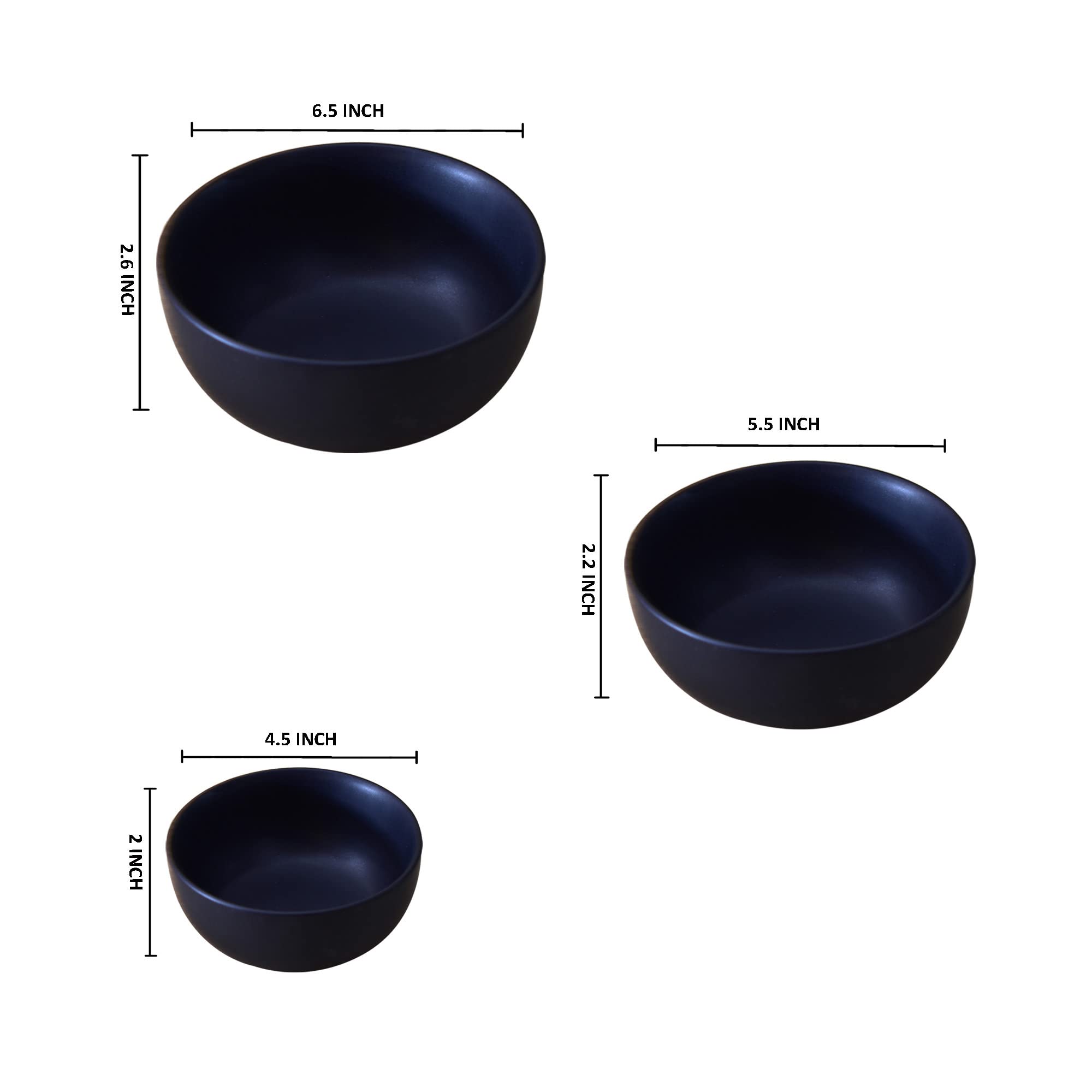 Kunhar Ceramic Mixing Bowl - 750 ML, 500 ML and 300 ML, 3 Pieces, Black Matt