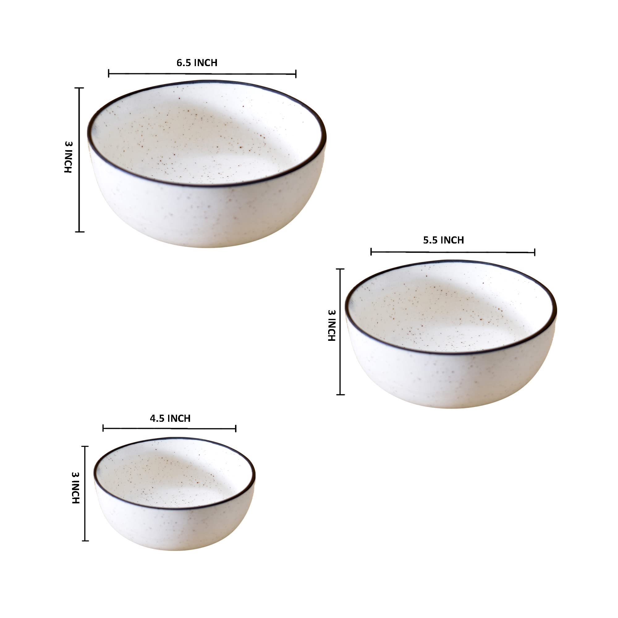Kunhar Ceramic Mixing Bowl - 750 ML, 500 ML and 300 ML, 3 Pieces, White Matt Black Border — product view 2