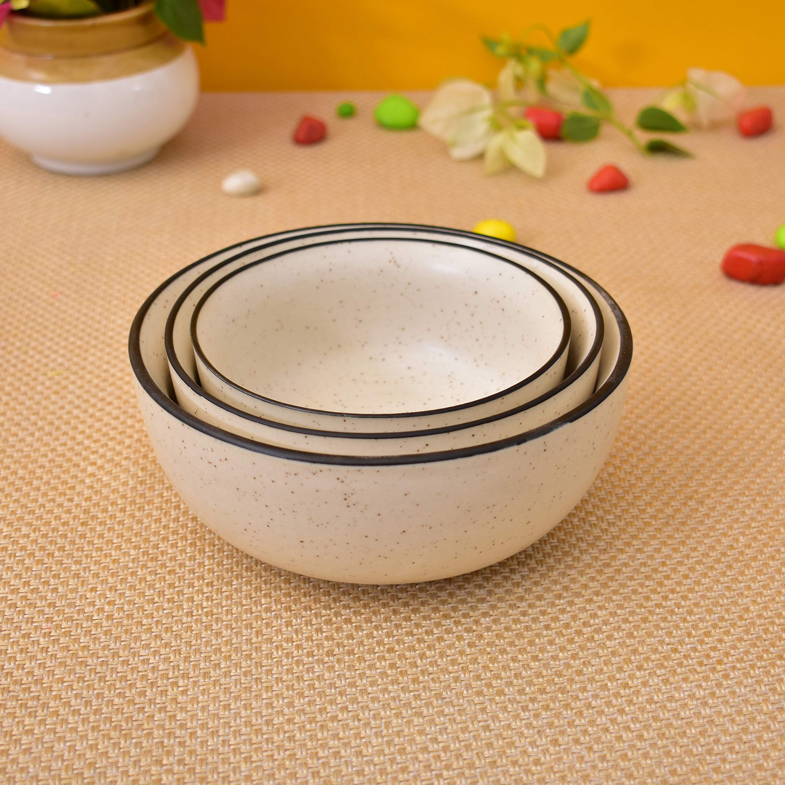 Kunhar Ceramic Mixing Bowl - 750 ML, 500 ML and 300 ML, 3 Pieces, White Matt Black Border — product view 3