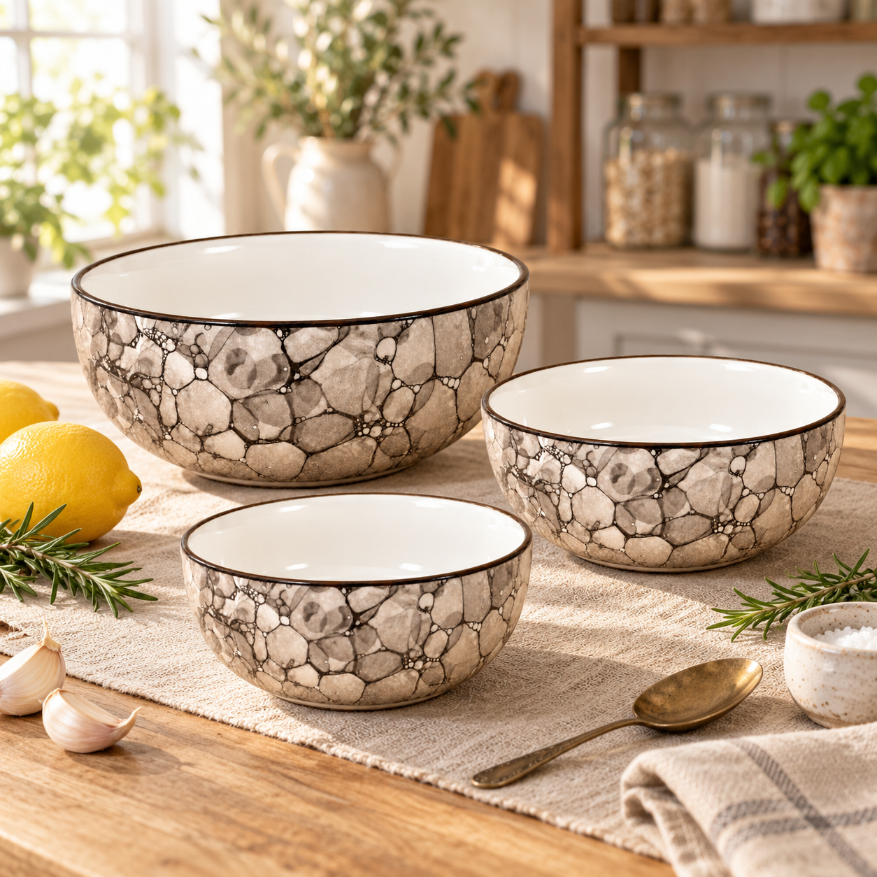 KunhaR Ceramic Mixing Bowl Set, 1500 ml, 800 ml & 600 ml, Black Luster | Set of 3 Nesting Bowls for Mixing, Serving, Salad, Pasta, Snacks & Kitchen Prep
