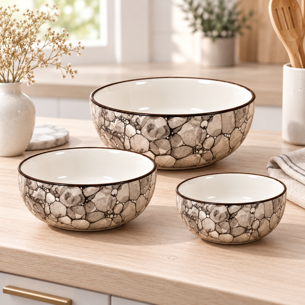 KunhaR Ceramic Mixing Bowl Set, 1500 ml, 800 ml & 600 ml, Black Luster | Set of 3 Nesting Bowls for Mixing, Serving, Salad, Pasta, Snacks & Kitchen Prep