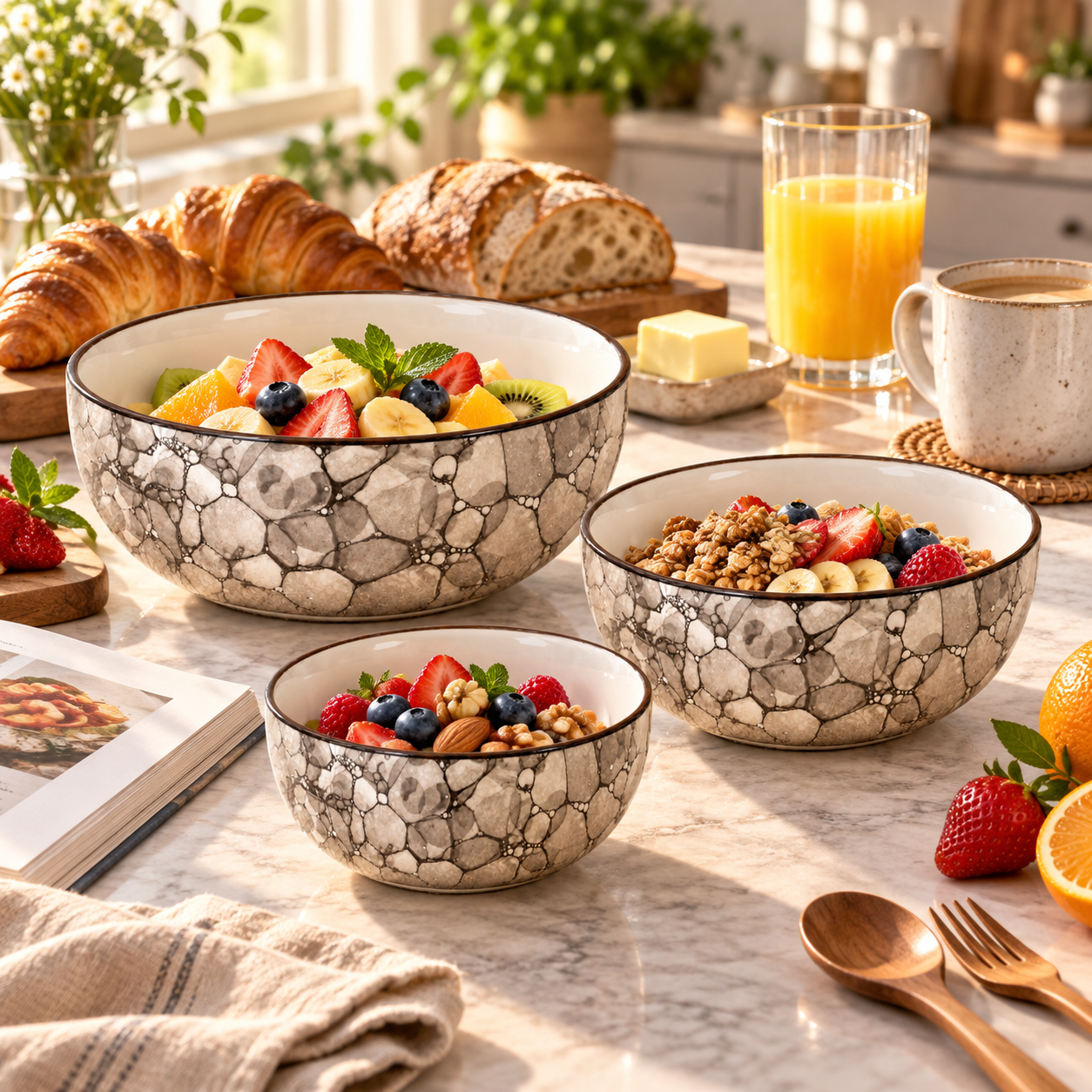 KunhaR Ceramic Mixing Bowl Set, 1500 ml, 800 ml & 600 ml, Black Luster | Set of 3 Nesting Bowls for Mixing, Serving, Salad, Pasta, Snacks & Kitchen Prep
