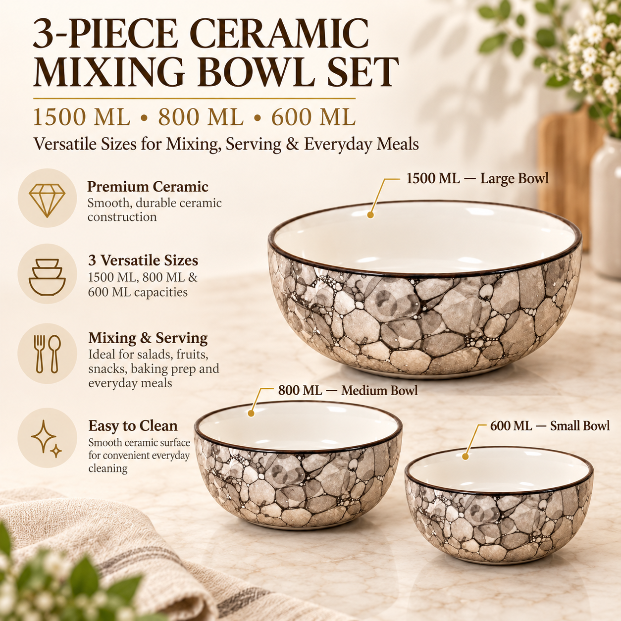 KunhaR Ceramic Mixing Bowl Set, 1500 ml, 800 ml & 600 ml, Black Luster | Set of 3 Nesting Bowls for Mixing, Serving, Salad, Pasta, Snacks & Kitchen Prep