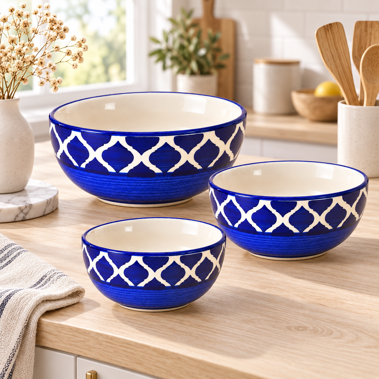 KunhaR Ceramic Mixing Bowl Set, 1500 ml, 800 ml & 600 ml, Blue Chidi | Set of 3 Nesting Bowls for Mixing, Serving, Salad, Pasta, Snacks & Kitchen Prep