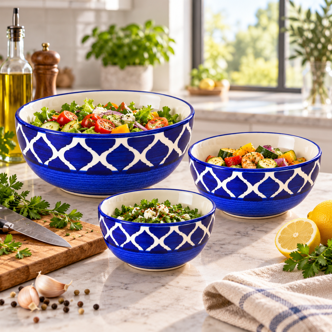KunhaR Ceramic Mixing Bowl Set, 1500 ml, 800 ml & 600 ml, Blue Chidi | Set of 3 Nesting Bowls for Mixing, Serving, Salad, Pasta, Snacks & Kitchen Prep