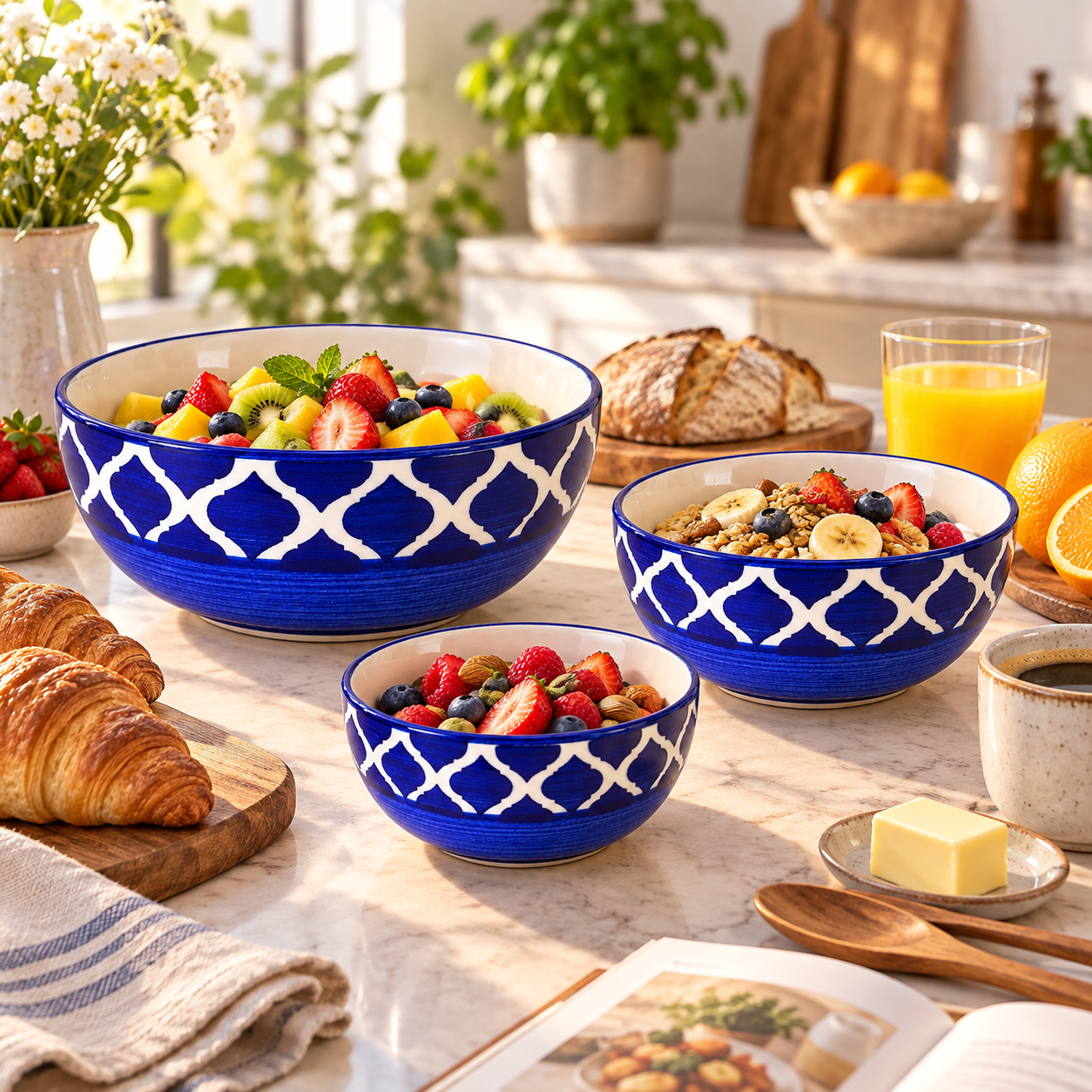 KunhaR Ceramic Mixing Bowl Set, 1500 ml, 800 ml & 600 ml, Blue Chidi | Set of 3 Nesting Bowls for Mixing, Serving, Salad, Pasta, Snacks & Kitchen Prep