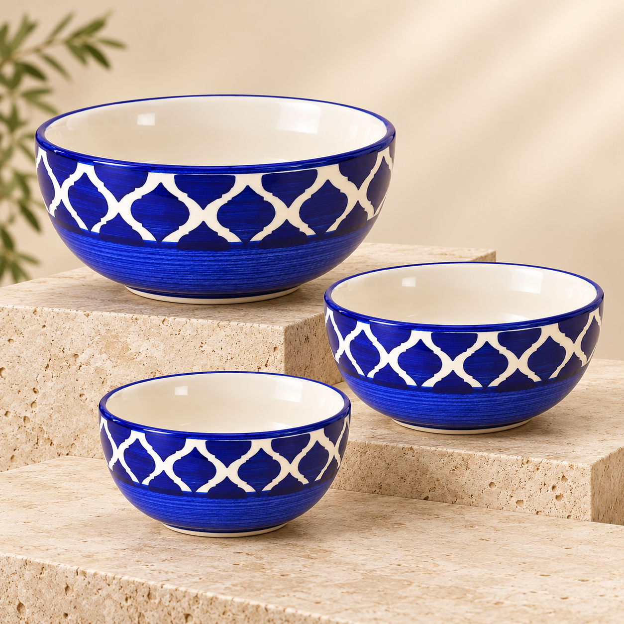 KunhaR Ceramic Mixing Bowl Set, 1500 ml, 800 ml & 600 ml, Blue Chidi | Set of 3 Nesting Bowls for Mixing, Serving, Salad, Pasta, Snacks & Kitchen Prep