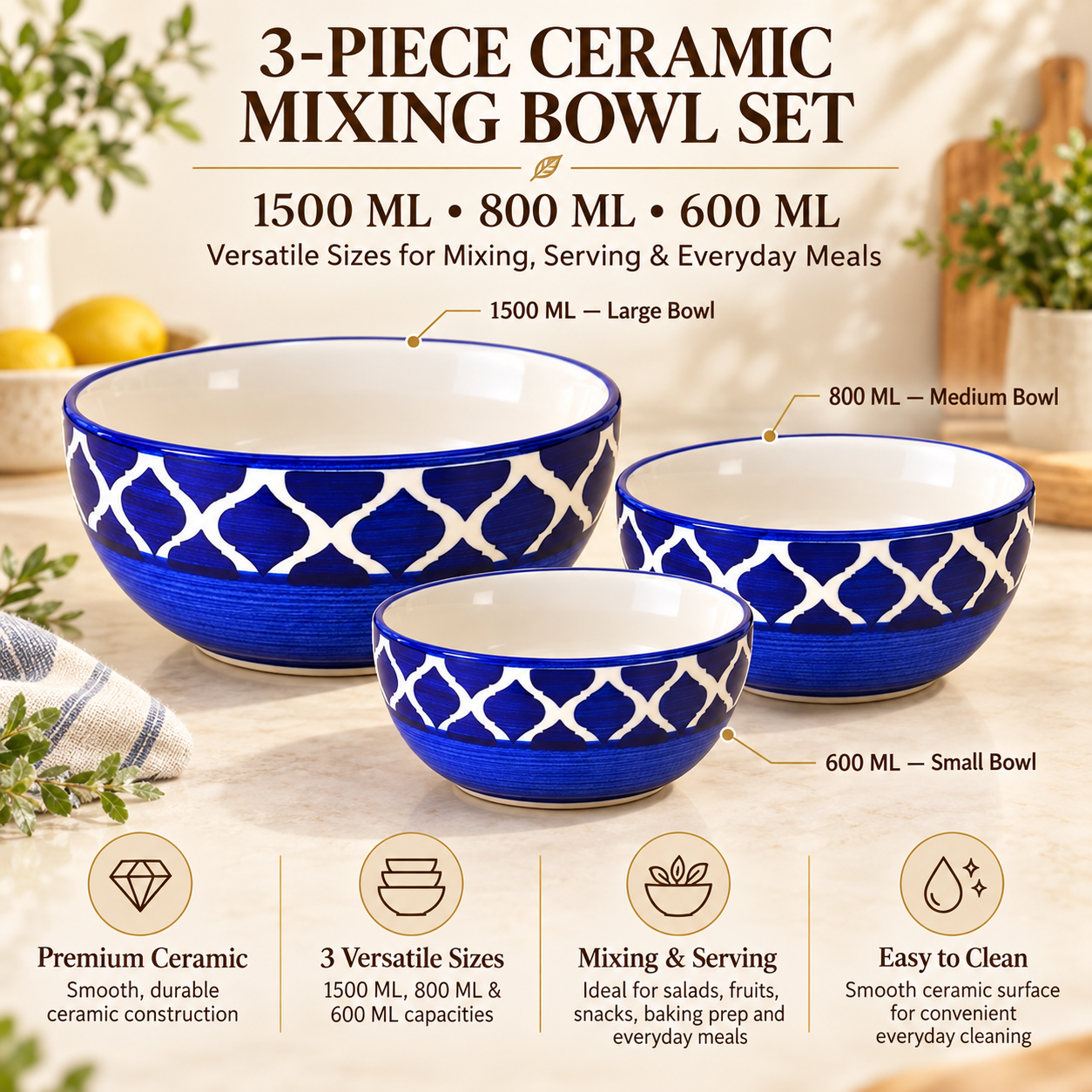 KunhaR Ceramic Mixing Bowl Set, 1500 ml, 800 ml & 600 ml, Blue Chidi | Set of 3 Nesting Bowls for Mixing, Serving, Salad, Pasta, Snacks & Kitchen Prep