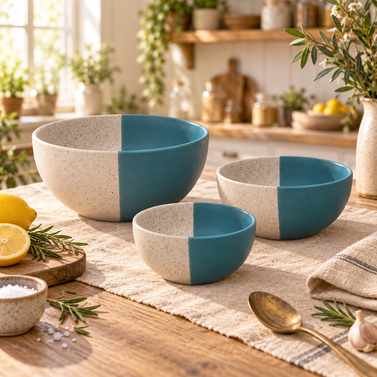KunhaR Ceramic Mixing Bowl Set, 1500 ml, 800 ml & 600 ml, White Dusty Blue | Set of 3 Nesting Bowls for Mixing, Serving, Salad, Pasta, Snacks & Kitchen Prep