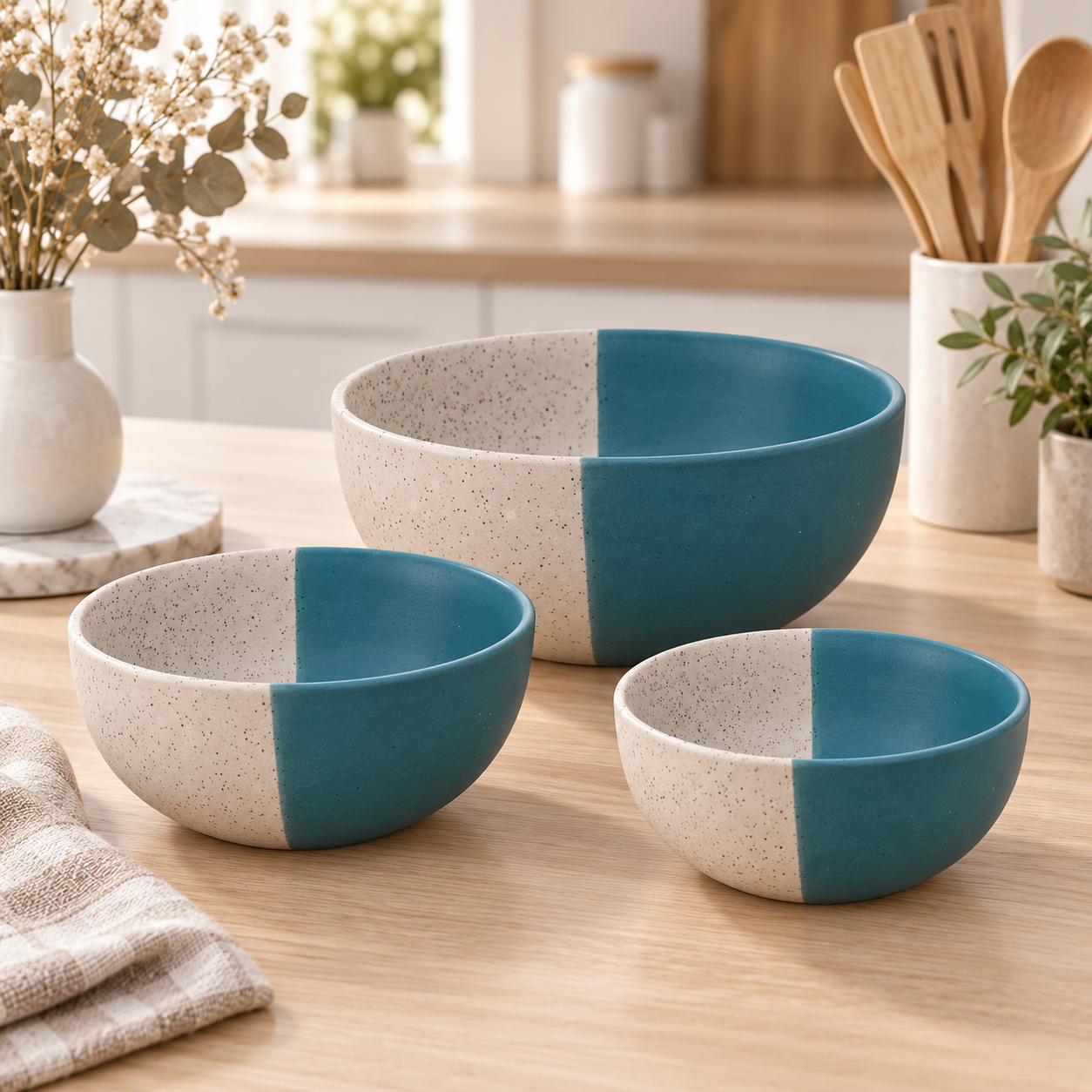KunhaR Ceramic Mixing Bowl Set, 1500 ml, 800 ml & 600 ml, White Dusty Blue | Set of 3 Nesting Bowls for Mixing, Serving, Salad, Pasta, Snacks & Kitchen Prep