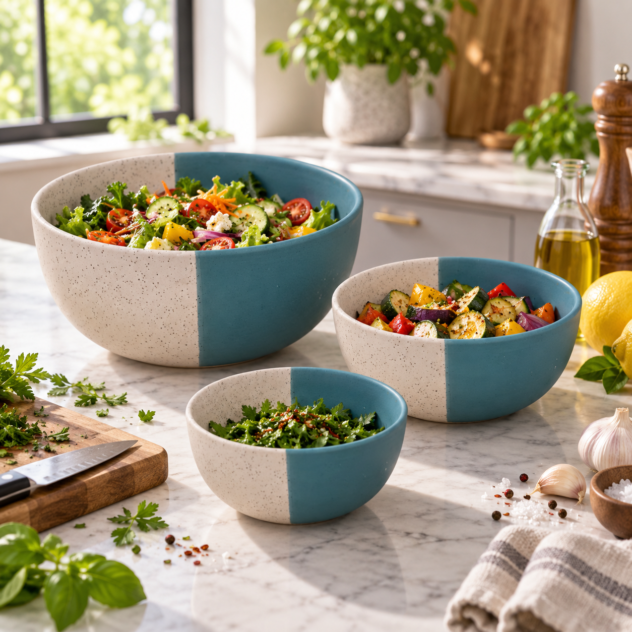 KunhaR Ceramic Mixing Bowl Set, 1500 ml, 800 ml & 600 ml, White Dusty Blue | Set of 3 Nesting Bowls for Mixing, Serving, Salad, Pasta, Snacks & Kitchen Prep