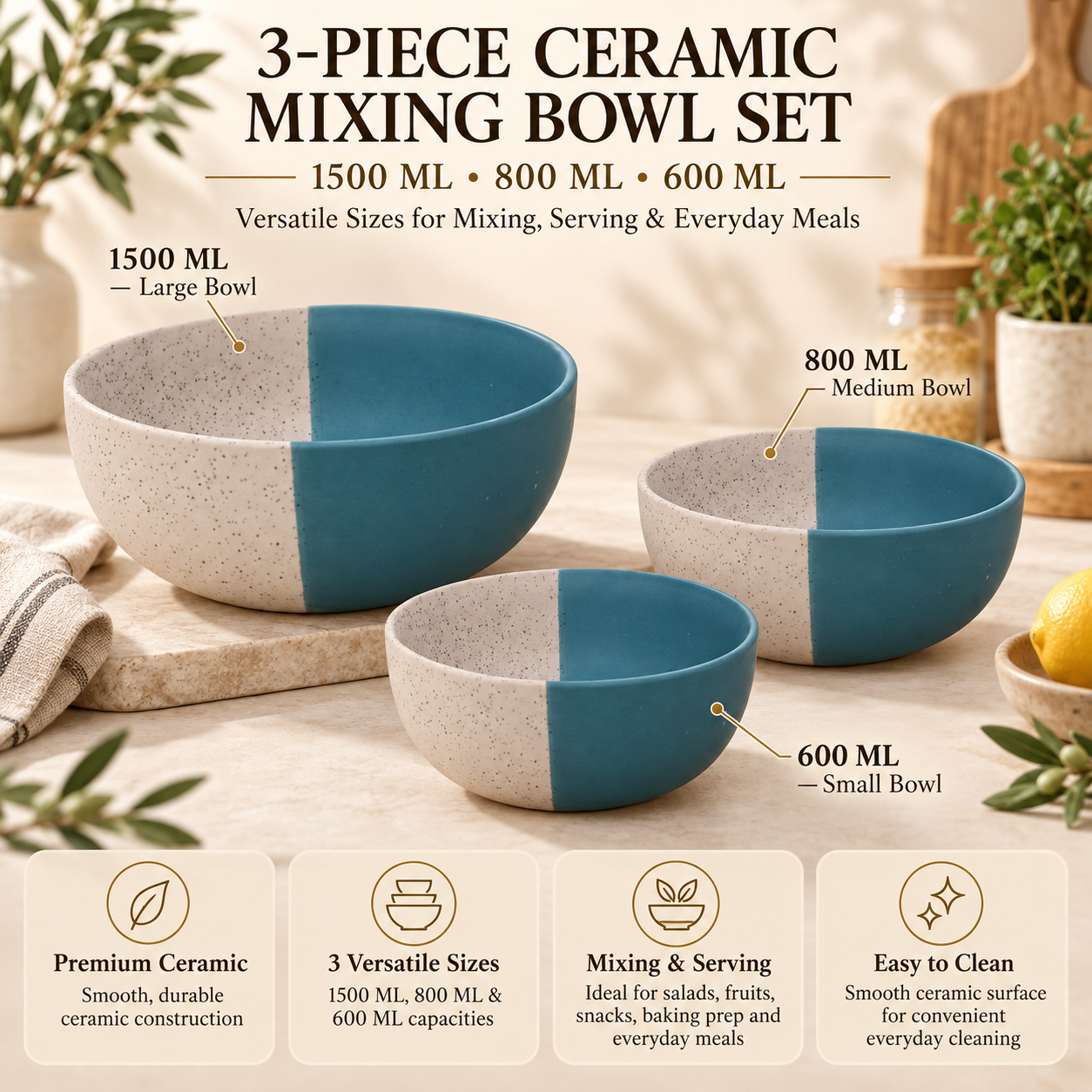 KunhaR Ceramic Mixing Bowl Set, 1500 ml, 800 ml & 600 ml, White Dusty Blue | Set of 3 Nesting Bowls for Mixing, Serving, Salad, Pasta, Snacks & Kitchen Prep