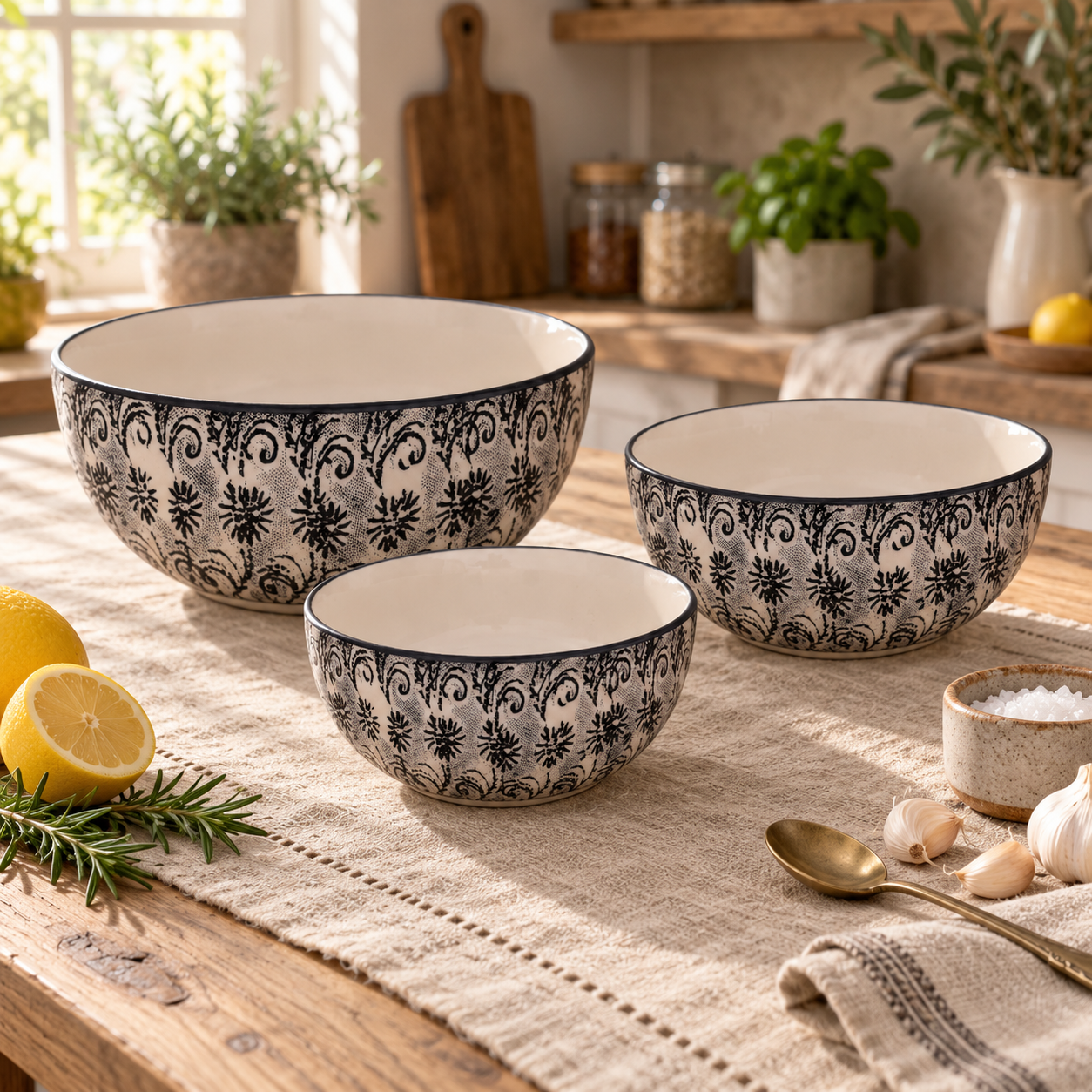 KunhaR Ceramic Mixing Bowl Set, 1500 ml, 800 ml & 600 ml, White Black | Set of 3 Nesting Bowls for Mixing, Serving, Salad, Pasta, Snacks & Kitchen Prep