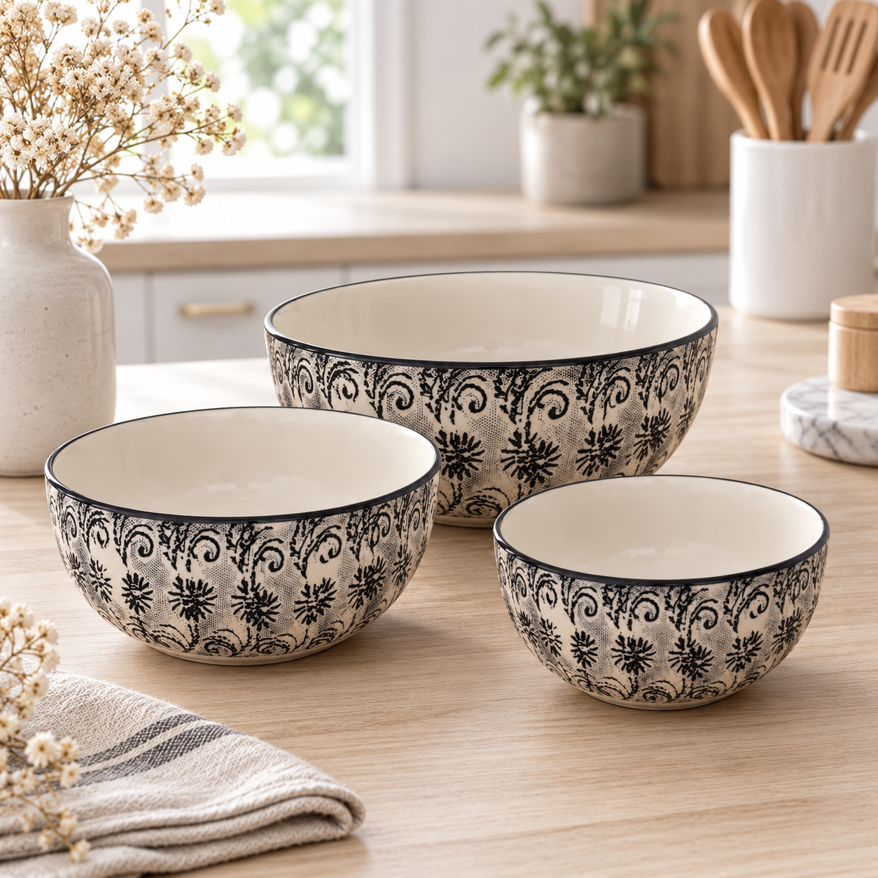 KunhaR Ceramic Mixing Bowl Set, 1500 ml, 800 ml & 600 ml, White Black | Set of 3 Nesting Bowls for Mixing, Serving, Salad, Pasta, Snacks & Kitchen Prep
