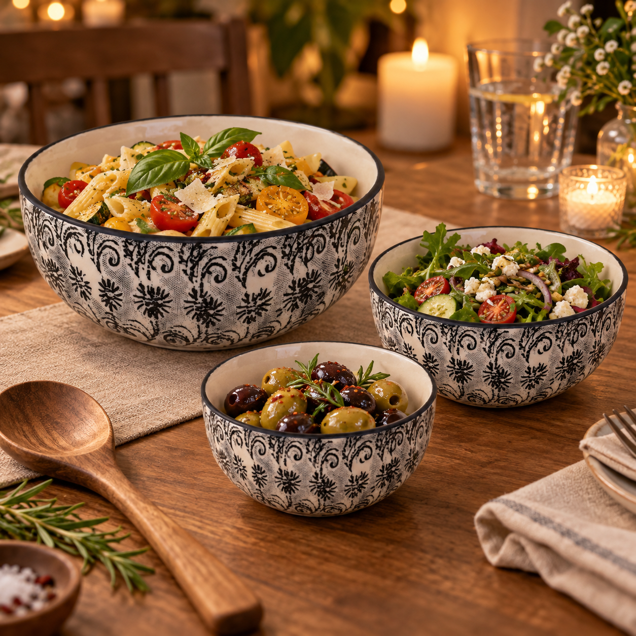 KunhaR Ceramic Mixing Bowl Set, 1500 ml, 800 ml & 600 ml, White Black | Set of 3 Nesting Bowls for Mixing, Serving, Salad, Pasta, Snacks & Kitchen Prep