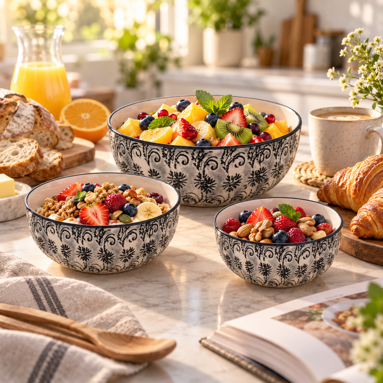 KunhaR Ceramic Mixing Bowl Set, 1500 ml, 800 ml & 600 ml, White Black | Set of 3 Nesting Bowls for Mixing, Serving, Salad, Pasta, Snacks & Kitchen Prep