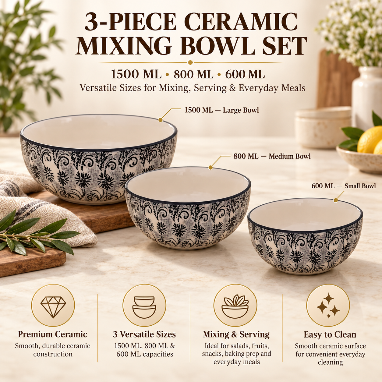 KunhaR Ceramic Mixing Bowl Set, 1500 ml, 800 ml & 600 ml, White Black | Set of 3 Nesting Bowls for Mixing, Serving, Salad, Pasta, Snacks & Kitchen Prep