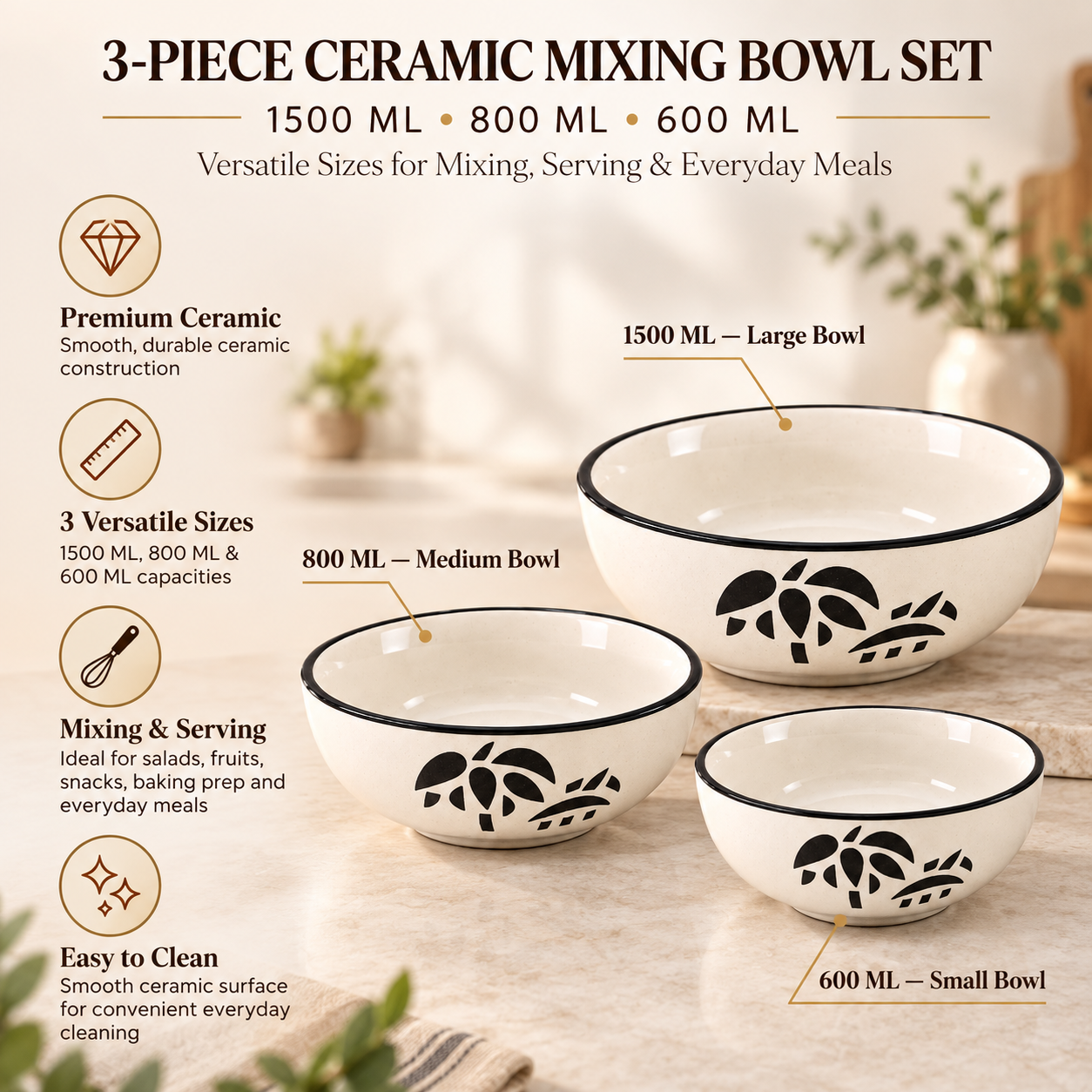 KunhaR Ceramic Mixing Bowl Set, 1500 ml, 800 ml & 600 ml, White | Set of 3 Nesting Bowls for Mixing, Serving, Salad, Pasta, Snacks & Kitchen Prep