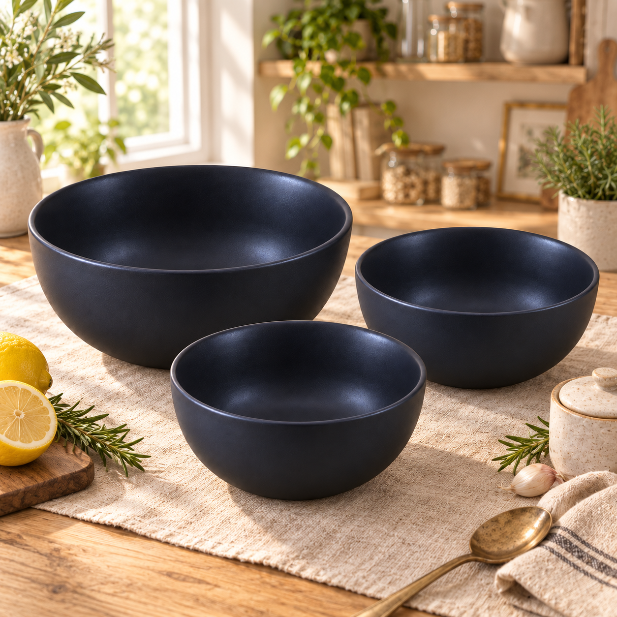 KunhaR Ceramic Mixing Bowl Set, 1500 ml, 800 ml & 600 ml, Black Matt | Set of 3 Nesting Bowls for Mixing, Serving, Salad, Pasta, Snacks & Kitchen Prep