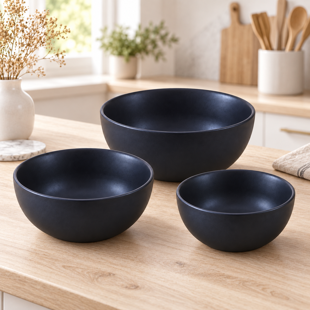 KunhaR Ceramic Mixing Bowl Set, 1500 ml, 800 ml & 600 ml, Black Matt | Set of 3 Nesting Bowls for Mixing, Serving, Salad, Pasta, Snacks & Kitchen Prep