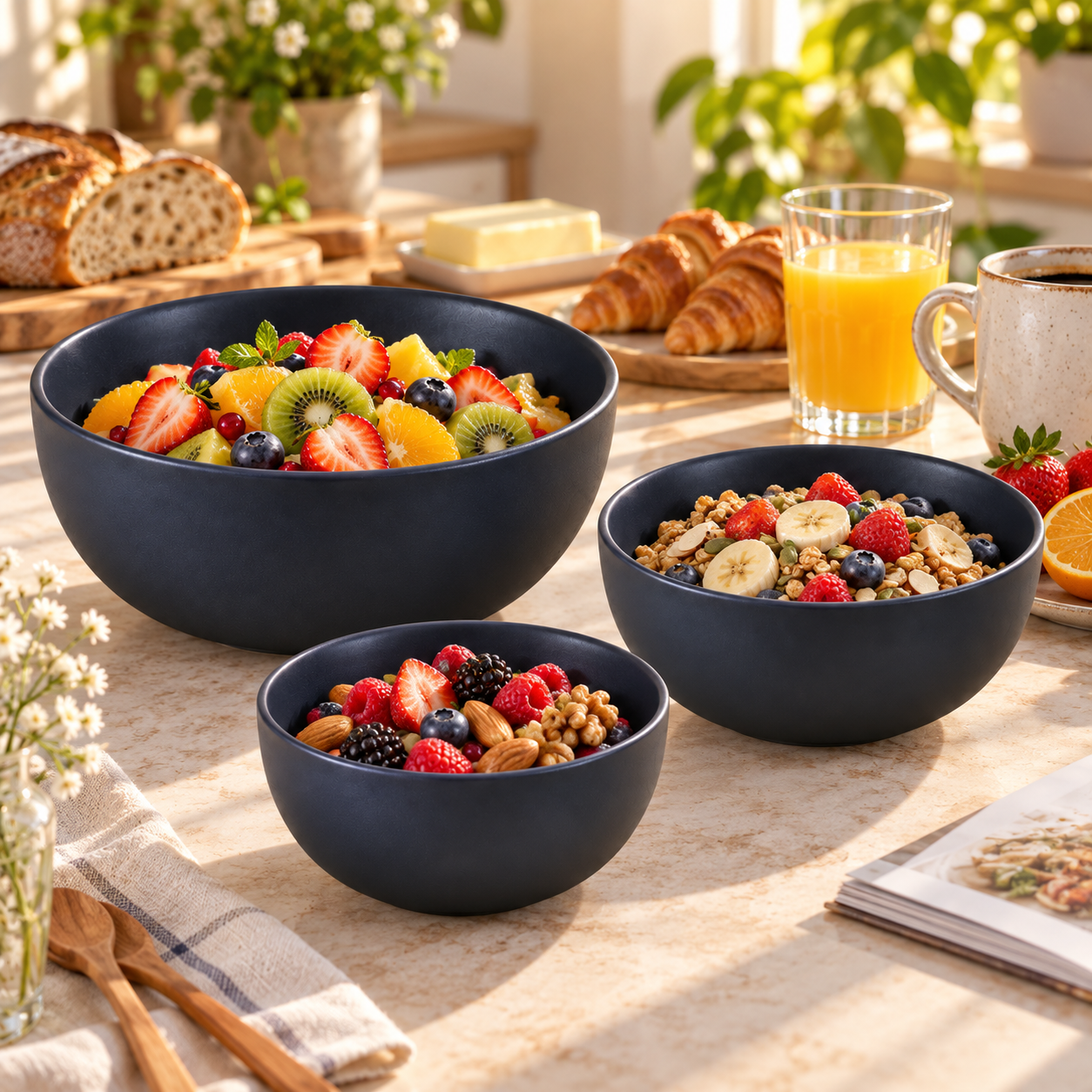 KunhaR Ceramic Mixing Bowl Set, 1500 ml, 800 ml & 600 ml, Black Matt | Set of 3 Nesting Bowls for Mixing, Serving, Salad, Pasta, Snacks & Kitchen Prep