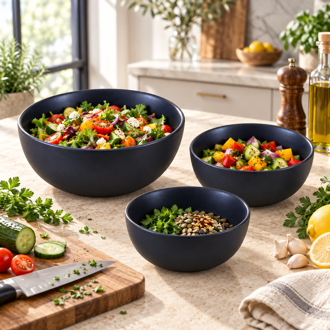 KunhaR Ceramic Mixing Bowl Set, 1500 ml, 800 ml & 600 ml, Black Matt | Set of 3 Nesting Bowls for Mixing, Serving, Salad, Pasta, Snacks & Kitchen Prep