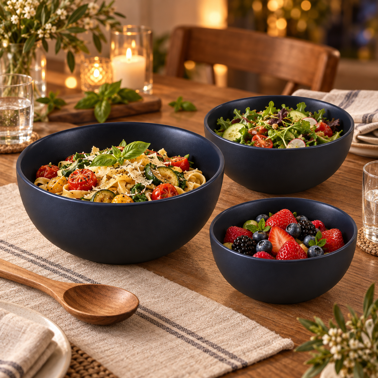 KunhaR Ceramic Mixing Bowl Set, 1500 ml, 800 ml & 600 ml, Black Matt | Set of 3 Nesting Bowls for Mixing, Serving, Salad, Pasta, Snacks & Kitchen Prep