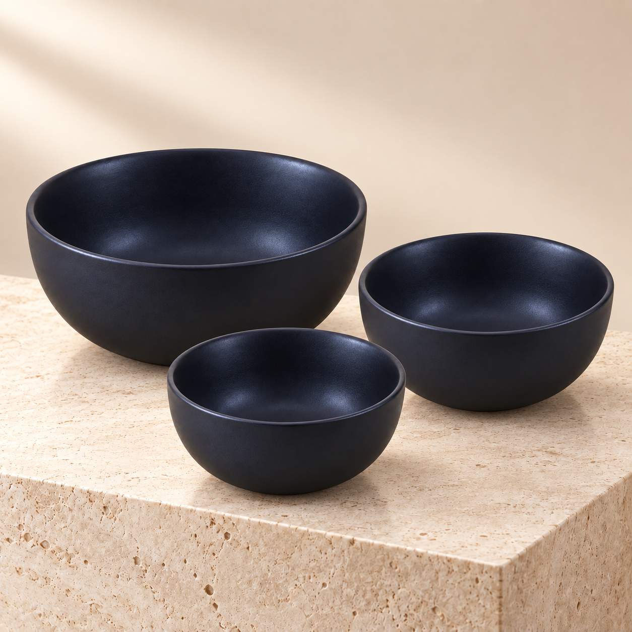 KunhaR Ceramic Mixing Bowl Set, 1500 ml, 800 ml & 600 ml, Black Matt | Set of 3 Nesting Bowls for Mixing, Serving, Salad, Pasta, Snacks & Kitchen Prep