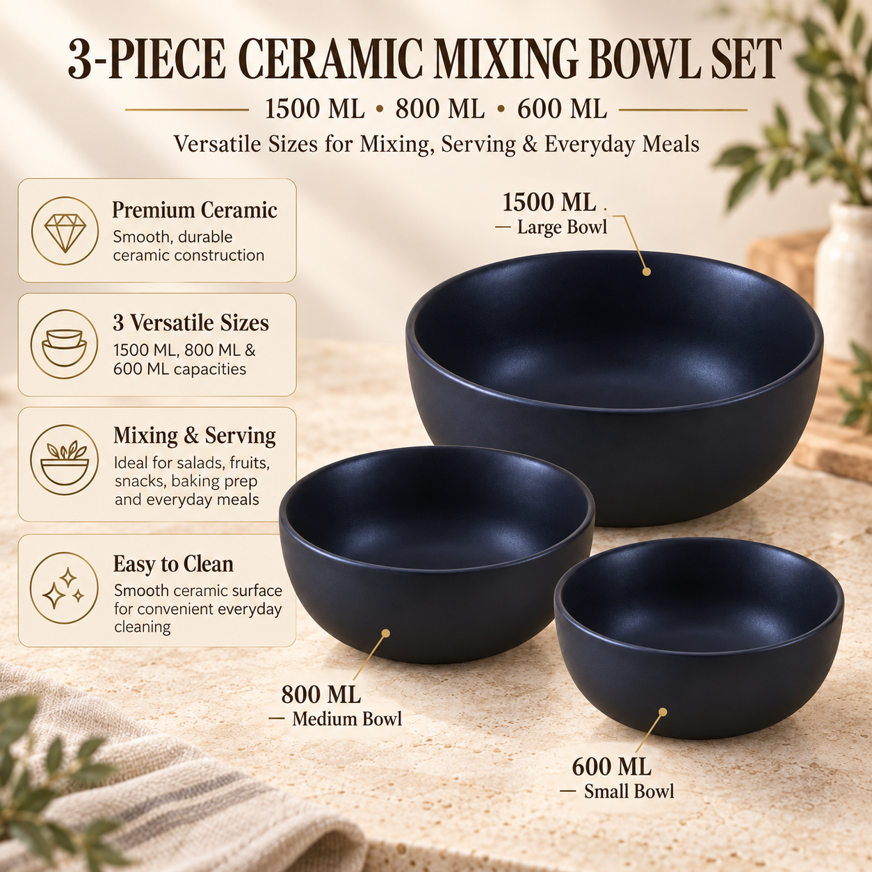 KunhaR Ceramic Mixing Bowl Set, 1500 ml, 800 ml & 600 ml, Black Matt | Set of 3 Nesting Bowls for Mixing, Serving, Salad, Pasta, Snacks & Kitchen Prep