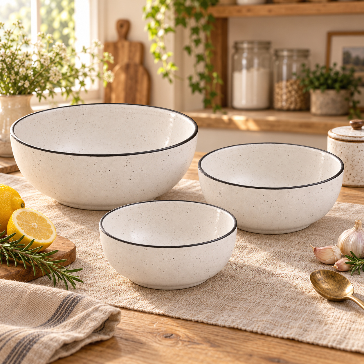 KunhaR Ceramic Mixing Bowl Set, 1500 ml, 800 ml & 600 ml, White Matt Black Border | Set of 3 Nesting Bowls for Mixing, Serving, Salad, Pasta, Snacks & Kitchen Prep