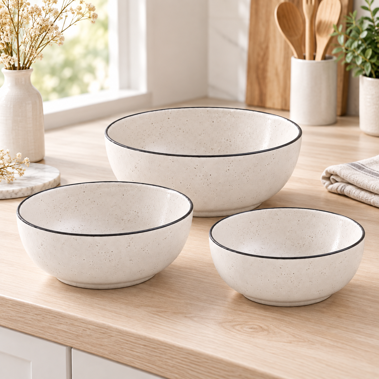 KunhaR Ceramic Mixing Bowl Set, 1500 ml, 800 ml & 600 ml, White Matt Black Border | Set of 3 Nesting Bowls for Mixing, Serving, Salad, Pasta, Snacks & Kitchen Prep