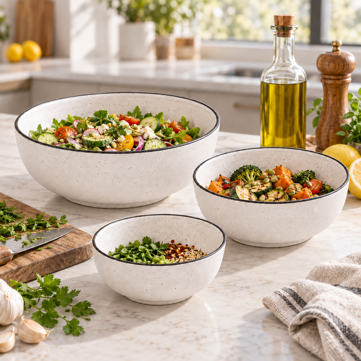 KunhaR Ceramic Mixing Bowl Set, 1500 ml, 800 ml & 600 ml, White Matt Black Border | Set of 3 Nesting Bowls for Mixing, Serving, Salad, Pasta, Snacks & Kitchen Prep