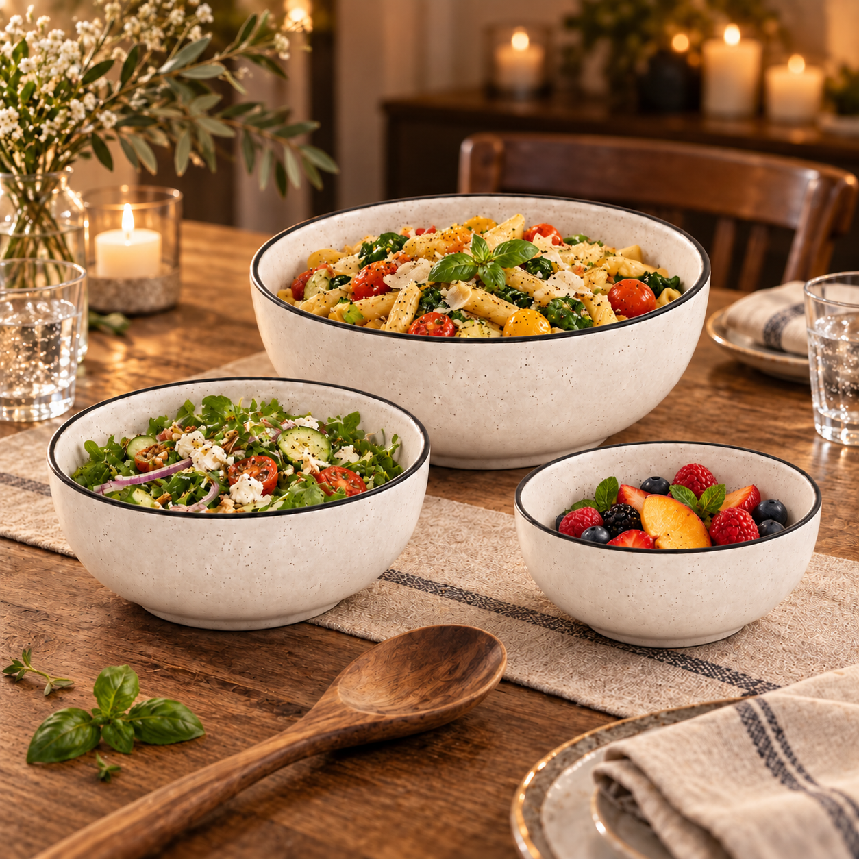KunhaR Ceramic Mixing Bowl Set, 1500 ml, 800 ml & 600 ml, White Matt Black Border | Set of 3 Nesting Bowls for Mixing, Serving, Salad, Pasta, Snacks & Kitchen Prep