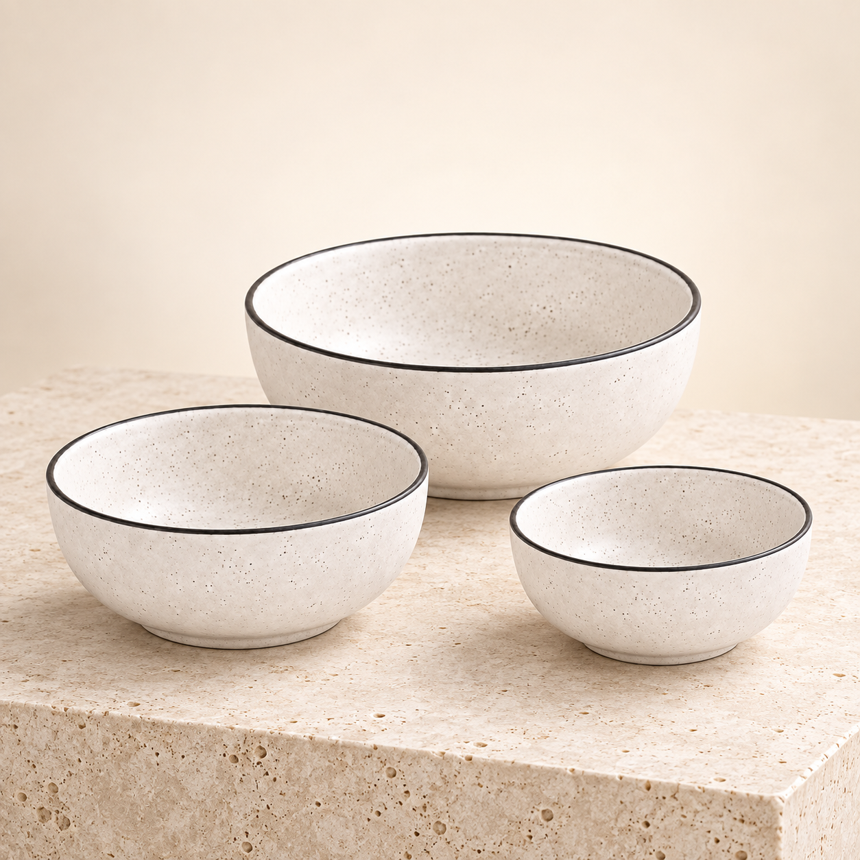 KunhaR Ceramic Mixing Bowl Set, 1500 ml, 800 ml & 600 ml, White Matt Black Border | Set of 3 Nesting Bowls for Mixing, Serving, Salad, Pasta, Snacks & Kitchen Prep