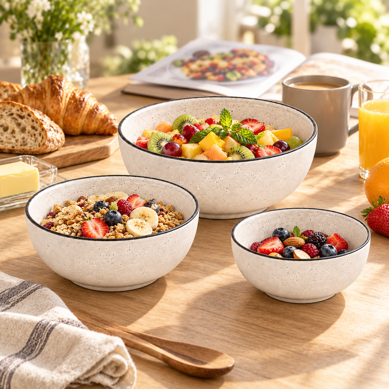 KunhaR Ceramic Mixing Bowl Set, 1500 ml, 800 ml & 600 ml, White Matt Black Border | Set of 3 Nesting Bowls for Mixing, Serving, Salad, Pasta, Snacks & Kitchen Prep
