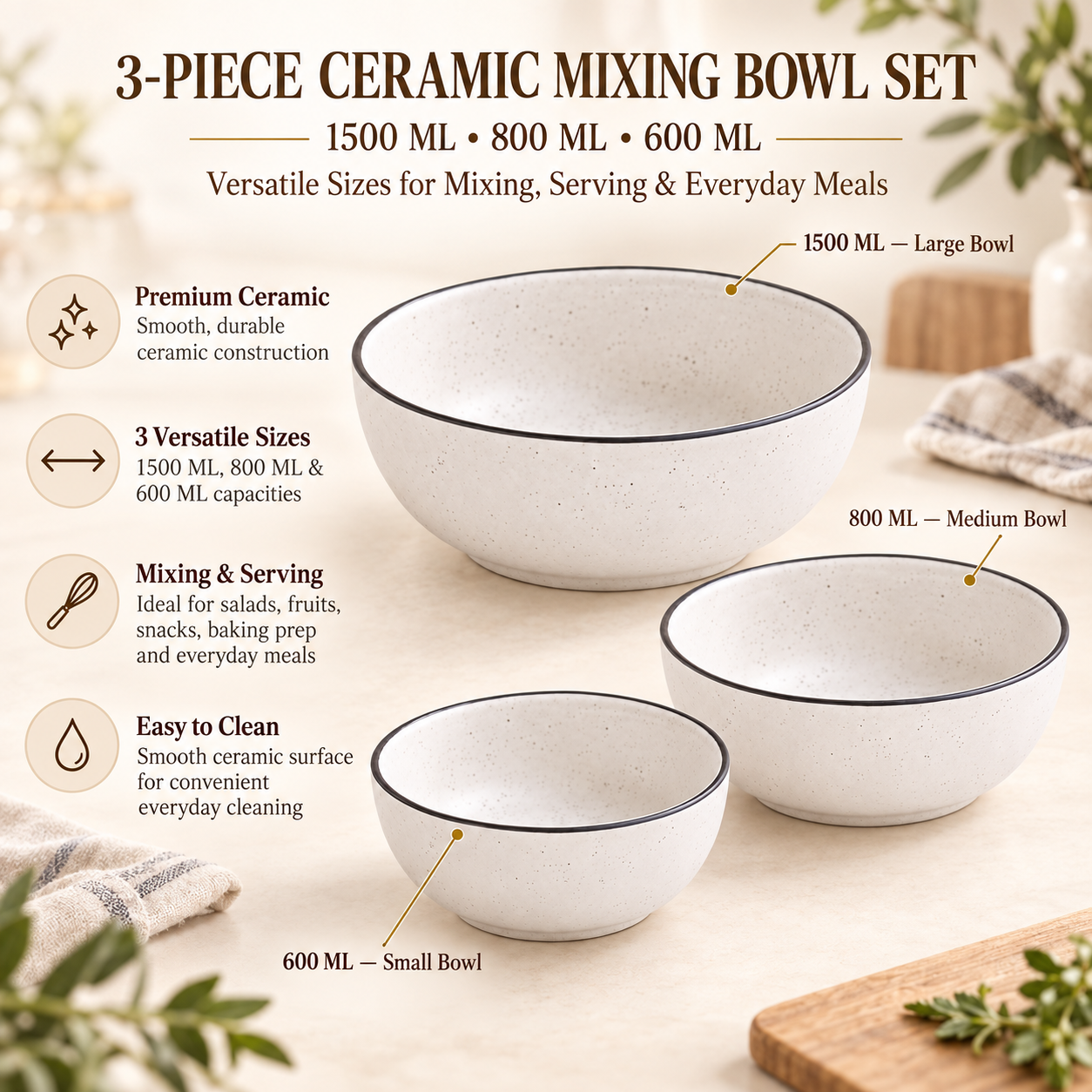 KunhaR Ceramic Mixing Bowl Set, 1500 ml, 800 ml & 600 ml, White Matt Black Border | Set of 3 Nesting Bowls for Mixing, Serving, Salad, Pasta, Snacks & Kitchen Prep
