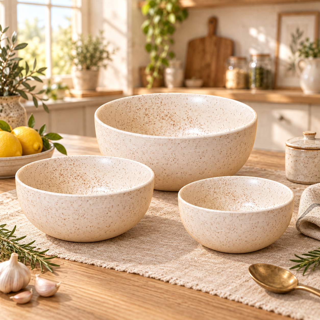 KunhaR Ceramic Mixing Bowl Set, 1500 ml, 800 ml & 600 ml, White Matt | Set of 3 Nesting Bowls for Mixing, Serving, Salad, Pasta, Snacks & Kitchen Prep