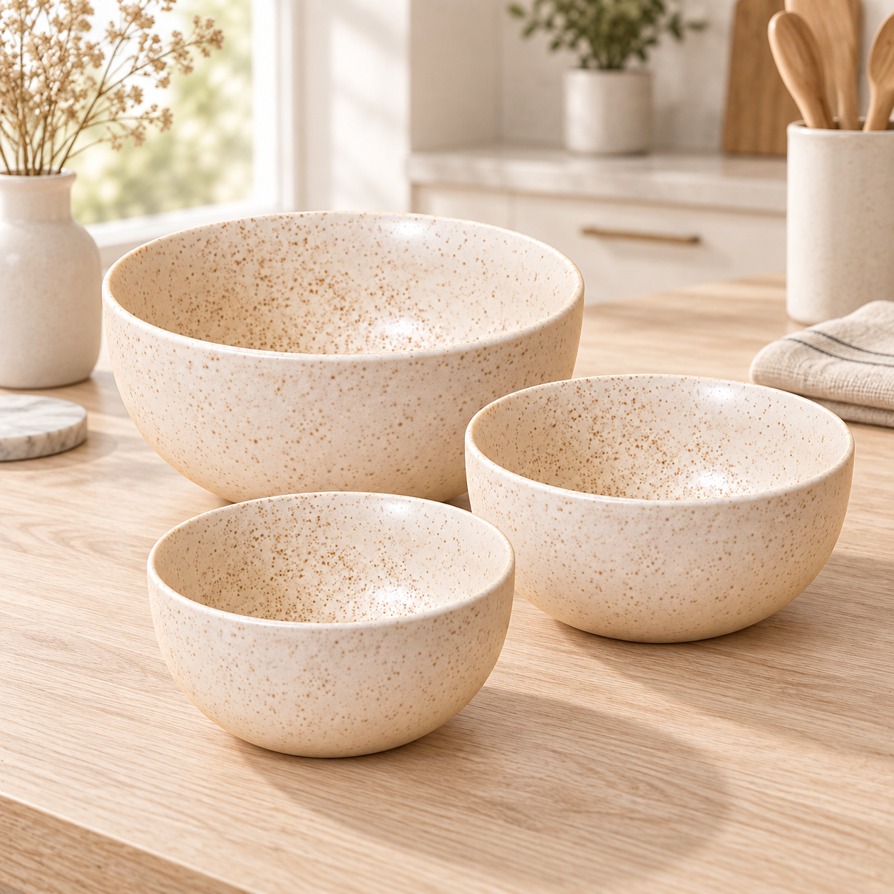 KunhaR Ceramic Mixing Bowl Set, 1500 ml, 800 ml & 600 ml, White Matt | Set of 3 Nesting Bowls for Mixing, Serving, Salad, Pasta, Snacks & Kitchen Prep