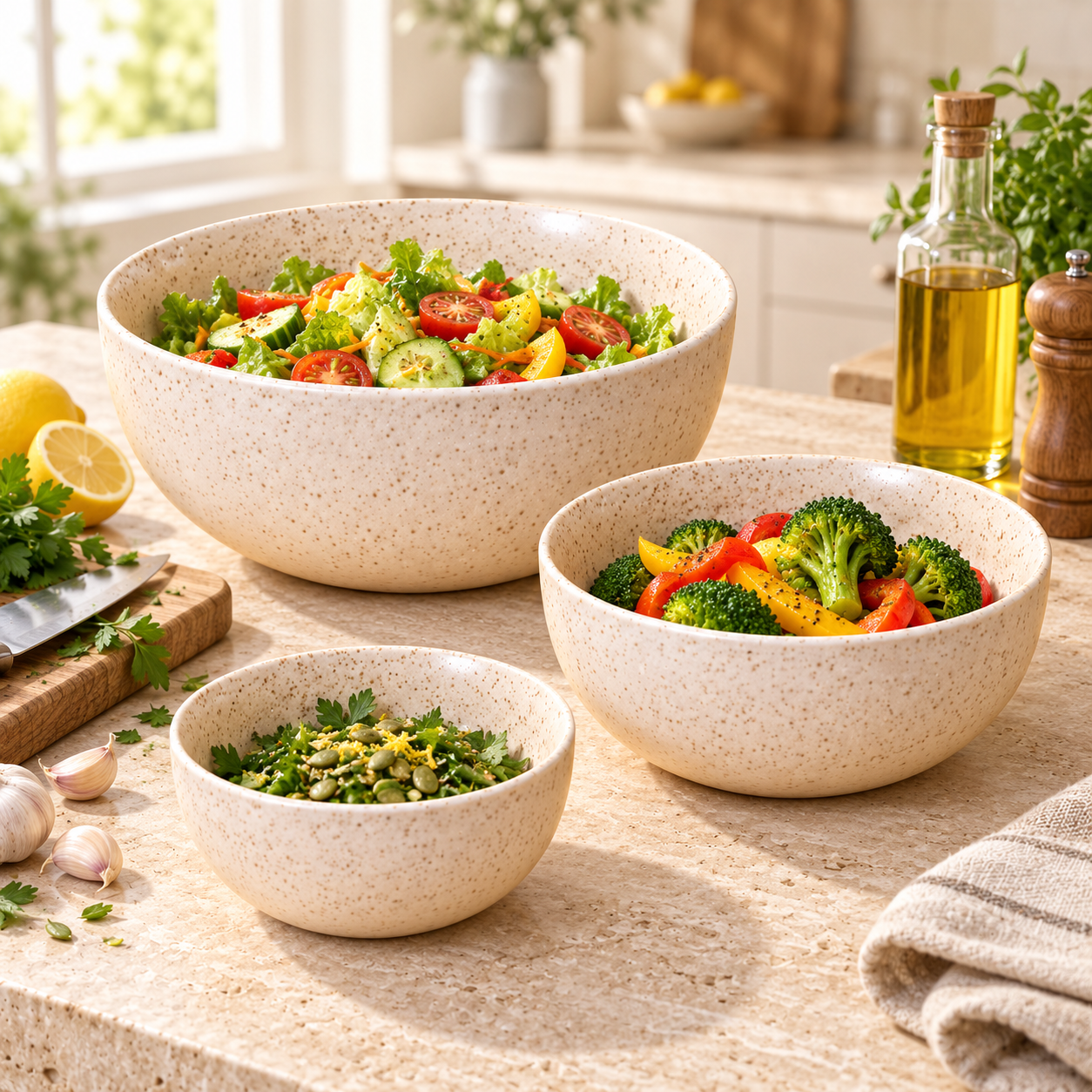 KunhaR Ceramic Mixing Bowl Set, 1500 ml, 800 ml & 600 ml, White Matt | Set of 3 Nesting Bowls for Mixing, Serving, Salad, Pasta, Snacks & Kitchen Prep