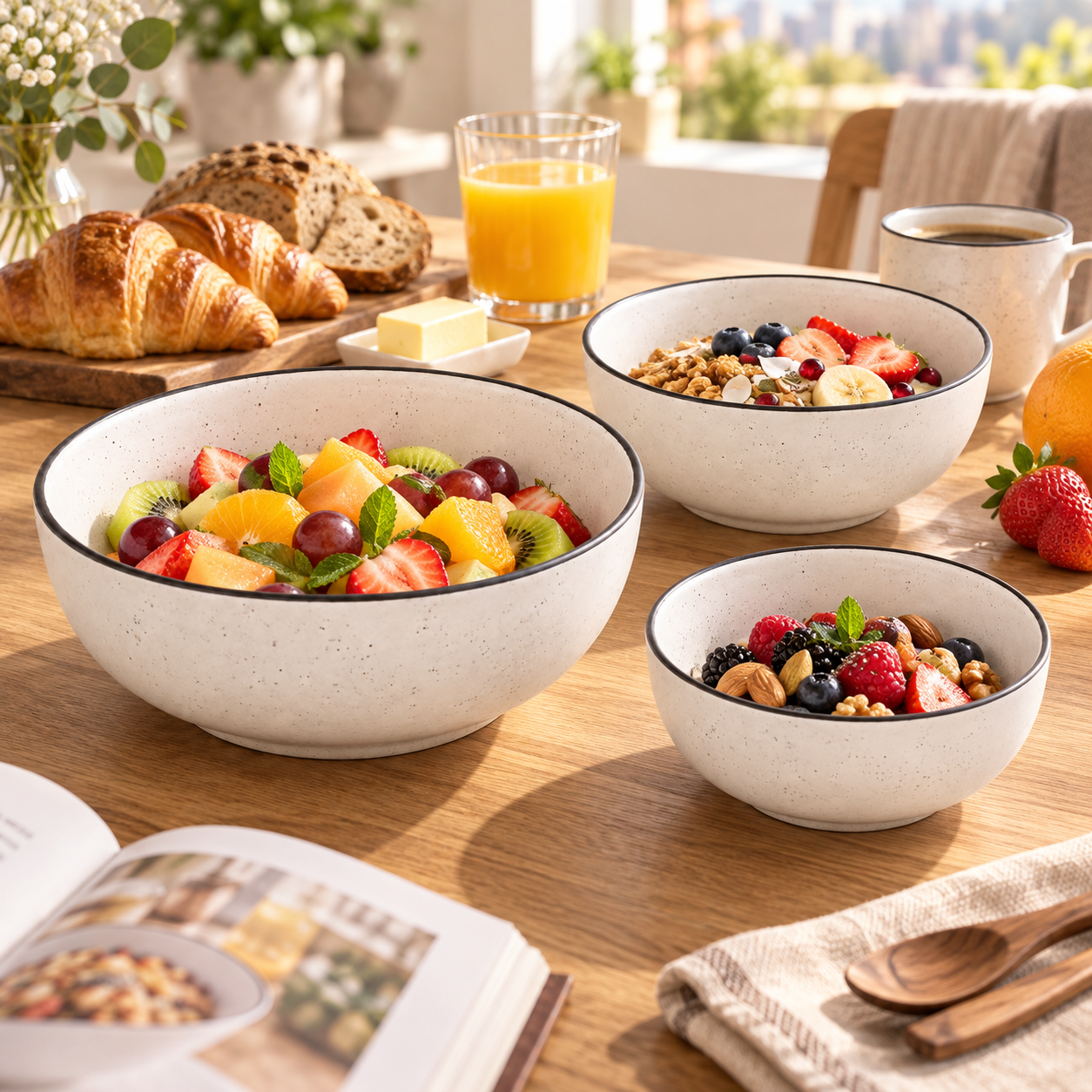 KunhaR Ceramic Mixing Bowl Set, 1500 ml, 800 ml & 600 ml, White Matt | Set of 3 Nesting Bowls for Mixing, Serving, Salad, Pasta, Snacks & Kitchen Prep