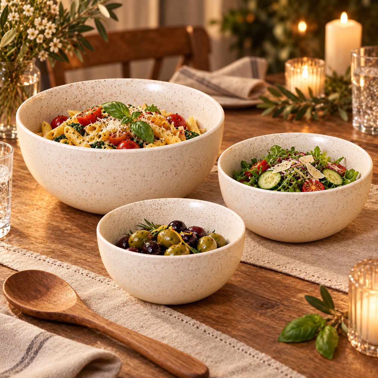 KunhaR Ceramic Mixing Bowl Set, 1500 ml, 800 ml & 600 ml, White Matt | Set of 3 Nesting Bowls for Mixing, Serving, Salad, Pasta, Snacks & Kitchen Prep