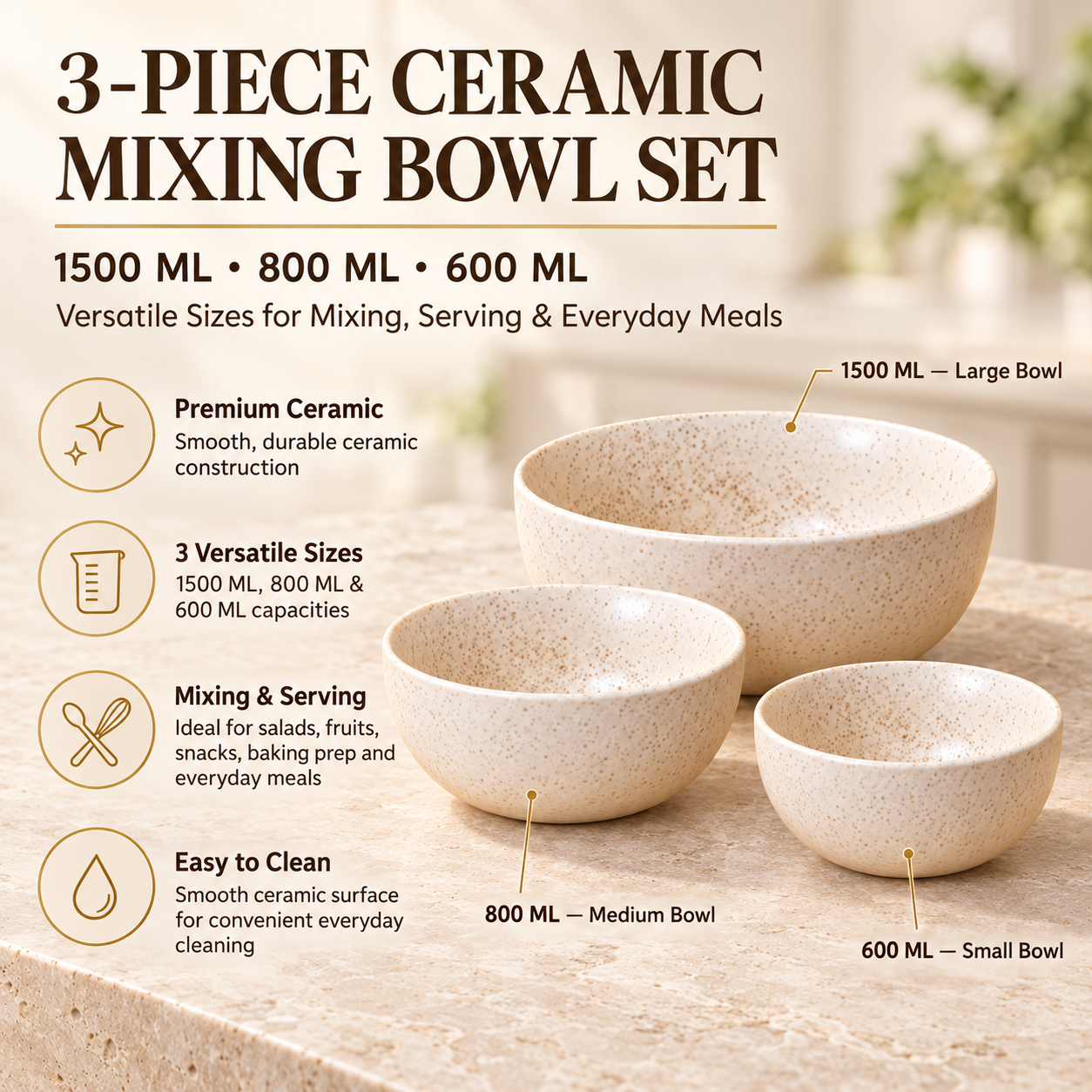 KunhaR Ceramic Mixing Bowl Set, 1500 ml, 800 ml & 600 ml, White Matt | Set of 3 Nesting Bowls for Mixing, Serving, Salad, Pasta, Snacks & Kitchen Prep
