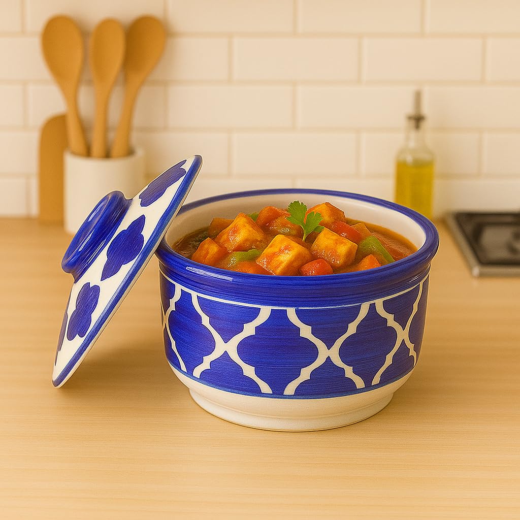 Kunhar Multipurpose Ceramic Donga – Blue Star | 450 ML Lidded Serving Donga | Microwave & Dishwasher Safe | Ideal for Gravy, Dal, Curry & More - Image 2