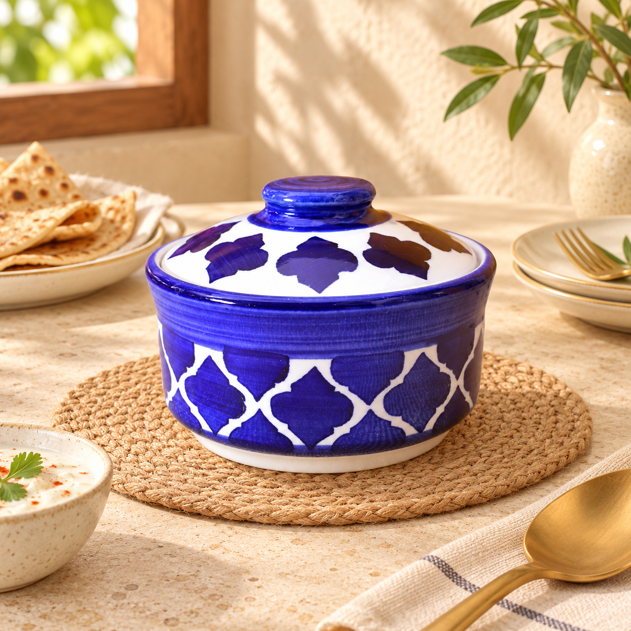 Kunhar Multipurpose Ceramic Donga – Blue Star | 450 ML Lidded Serving Donga | Microwave & Dishwasher Safe | Ideal for Gravy, Dal, Curry & More
