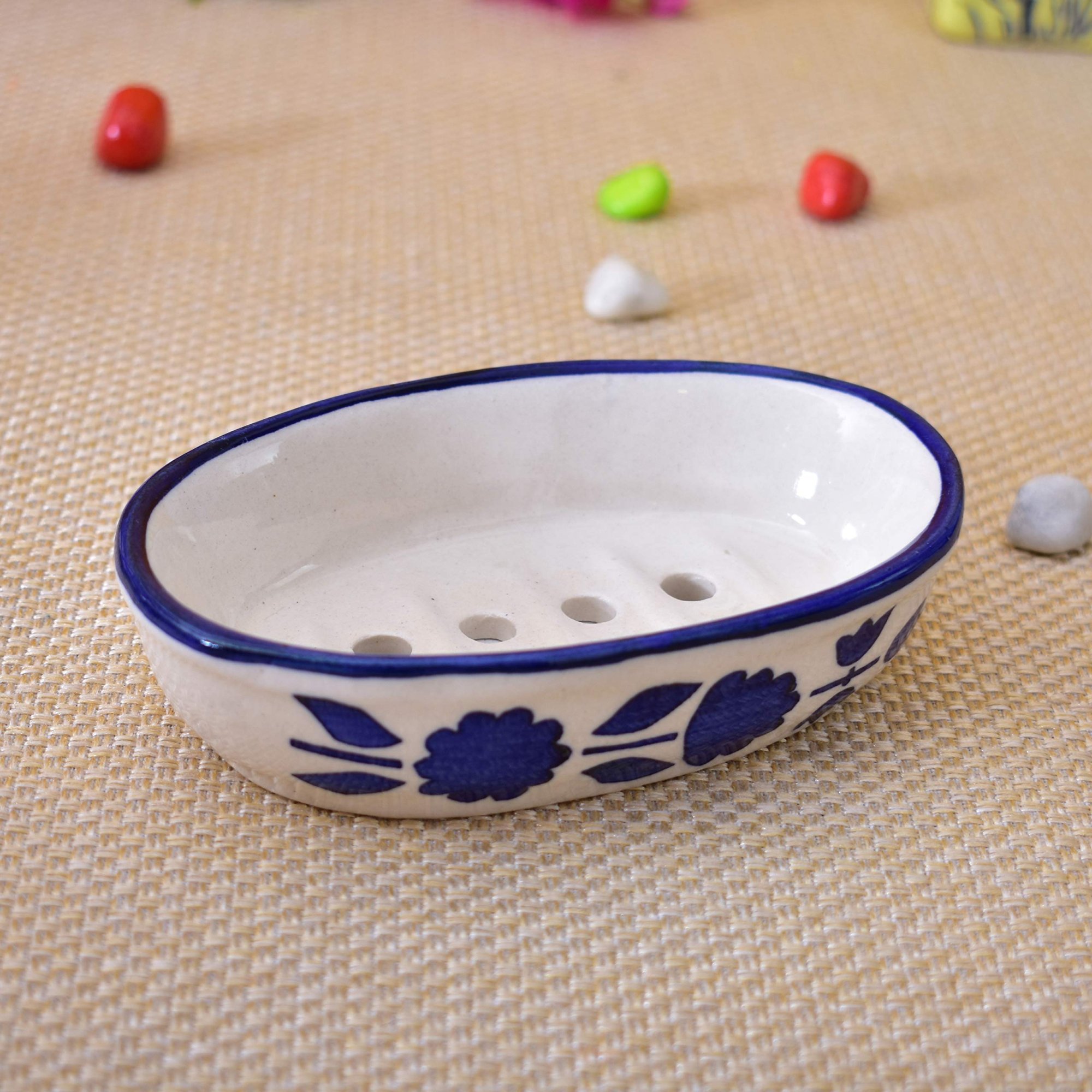 KunhaR Ceramic Soap Dish Holder, Ceramic Soap Dish Tray Holder,2 Pieces, White Blue